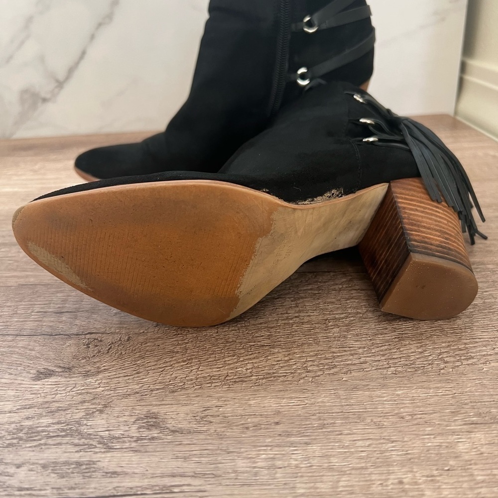 Marc Fisher Black Suede Heeled Booties With Fringe - image 6